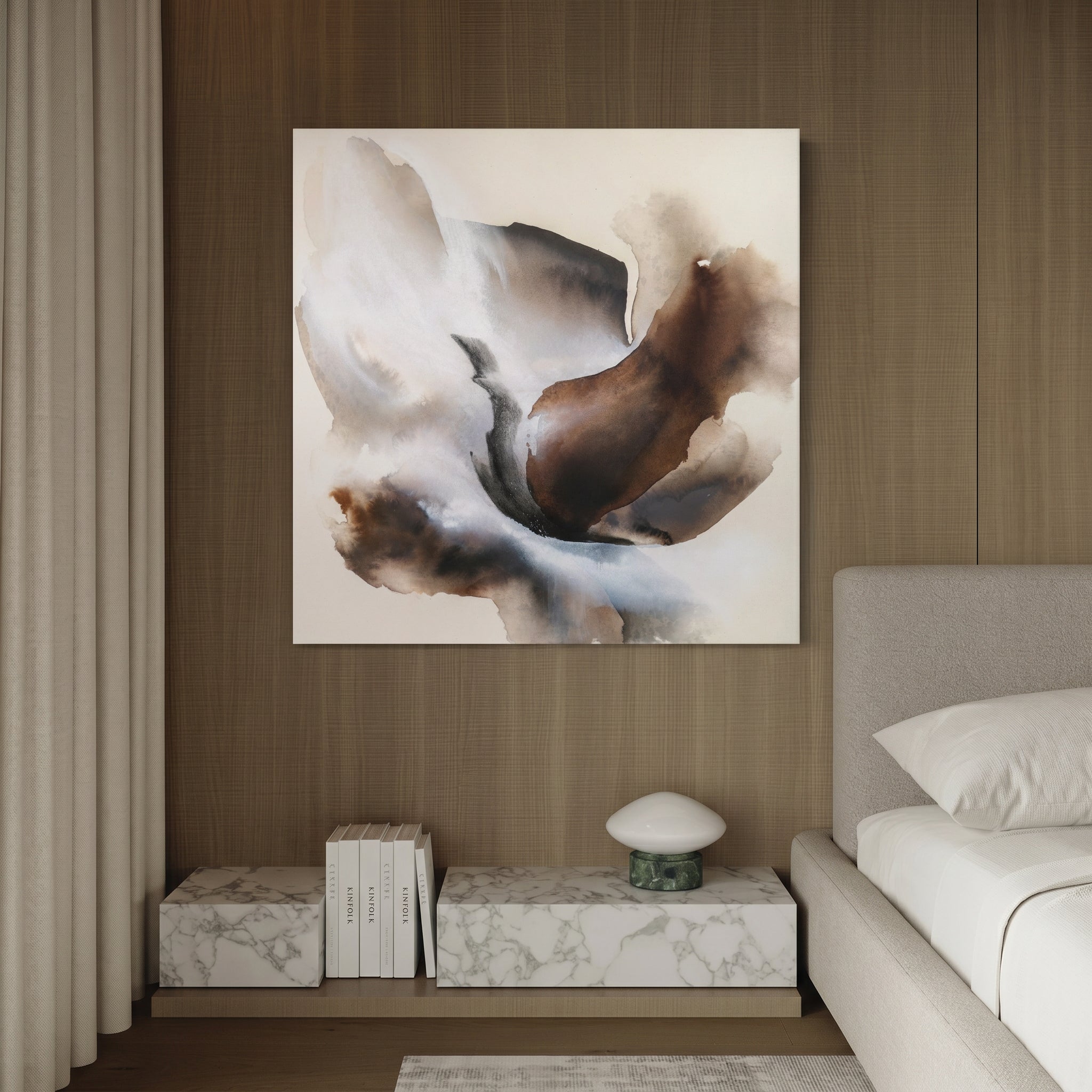 Abstract painting on a wall above a console table in a bedroom setting.